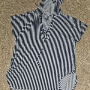 Striped Hooded Lace-Up Tunic Top - Navy & White